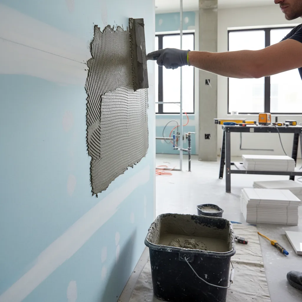 tile installer applying full thinset adhesive coverage on bathroom wall before placing tile