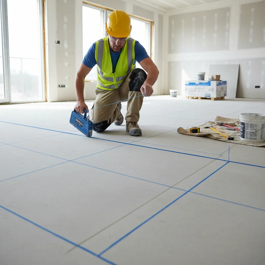 contractor marking tile layout grid lines on a floor before tile installation