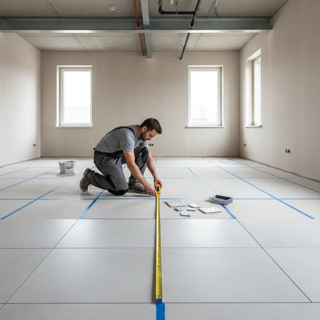 Tile installer measuring floor layout before installing tiles