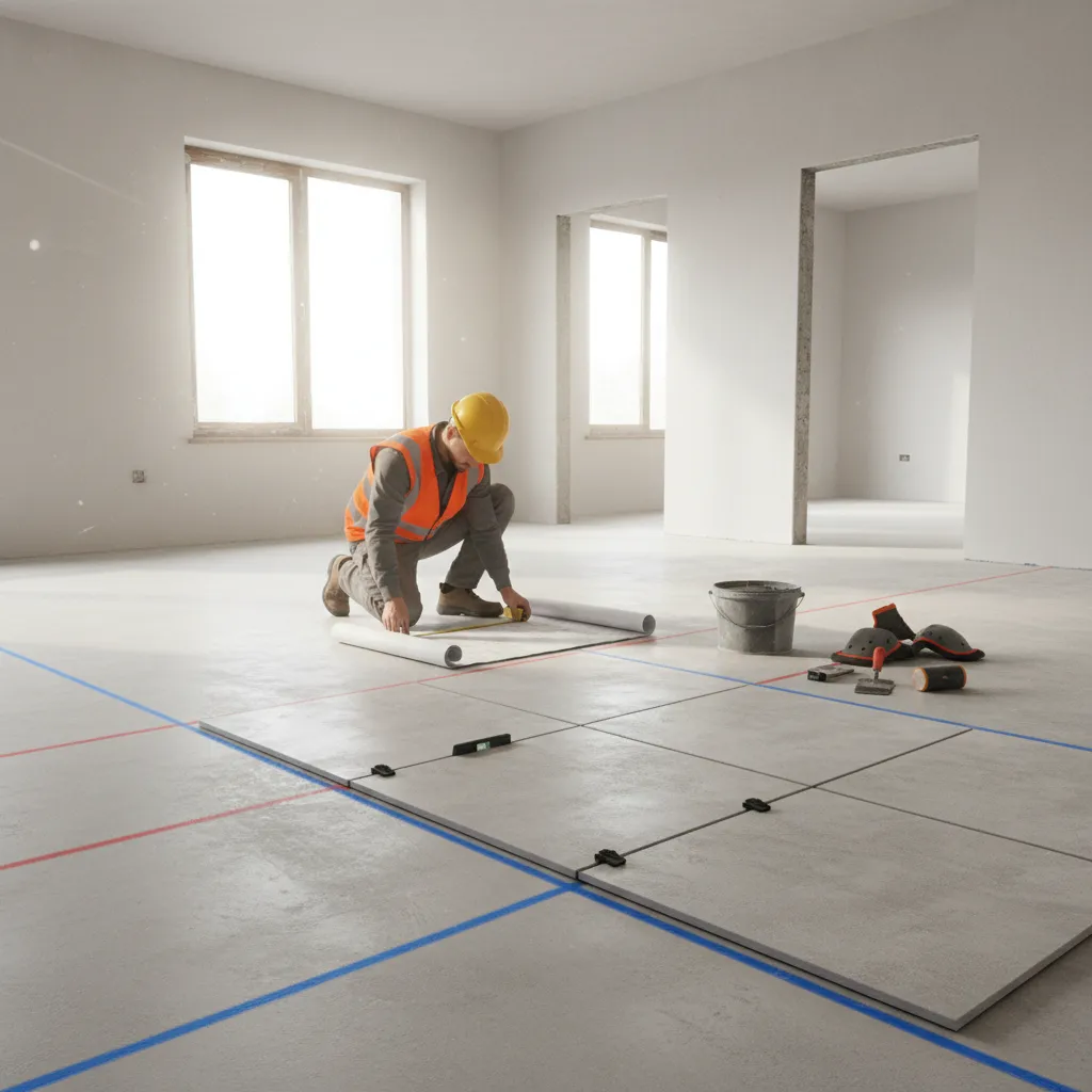 Floor tile installation layout planning with marked center lines