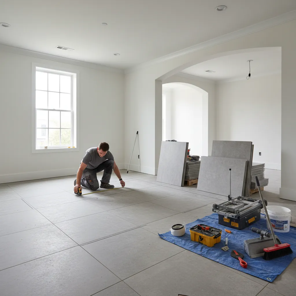 Contractor planning tile layout with chalk lines on floor before installation