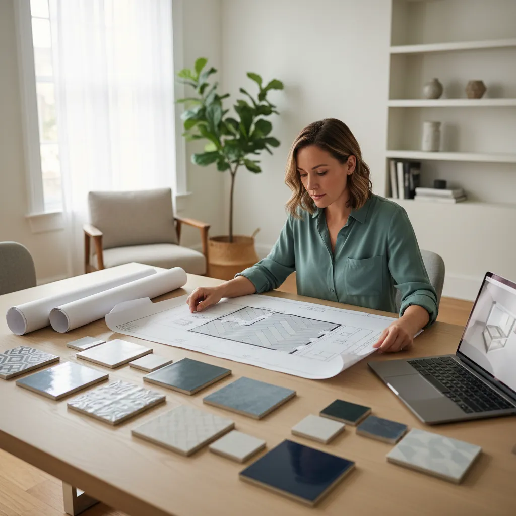 Homeowner reviewing tile floor layout plan before installation