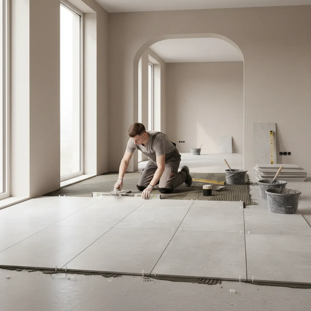 Professional installer placing ceramic floor tiles in modern home interior