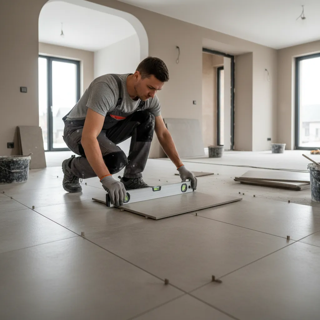 Contractor checking tile alignment and grout spacing during floor installation