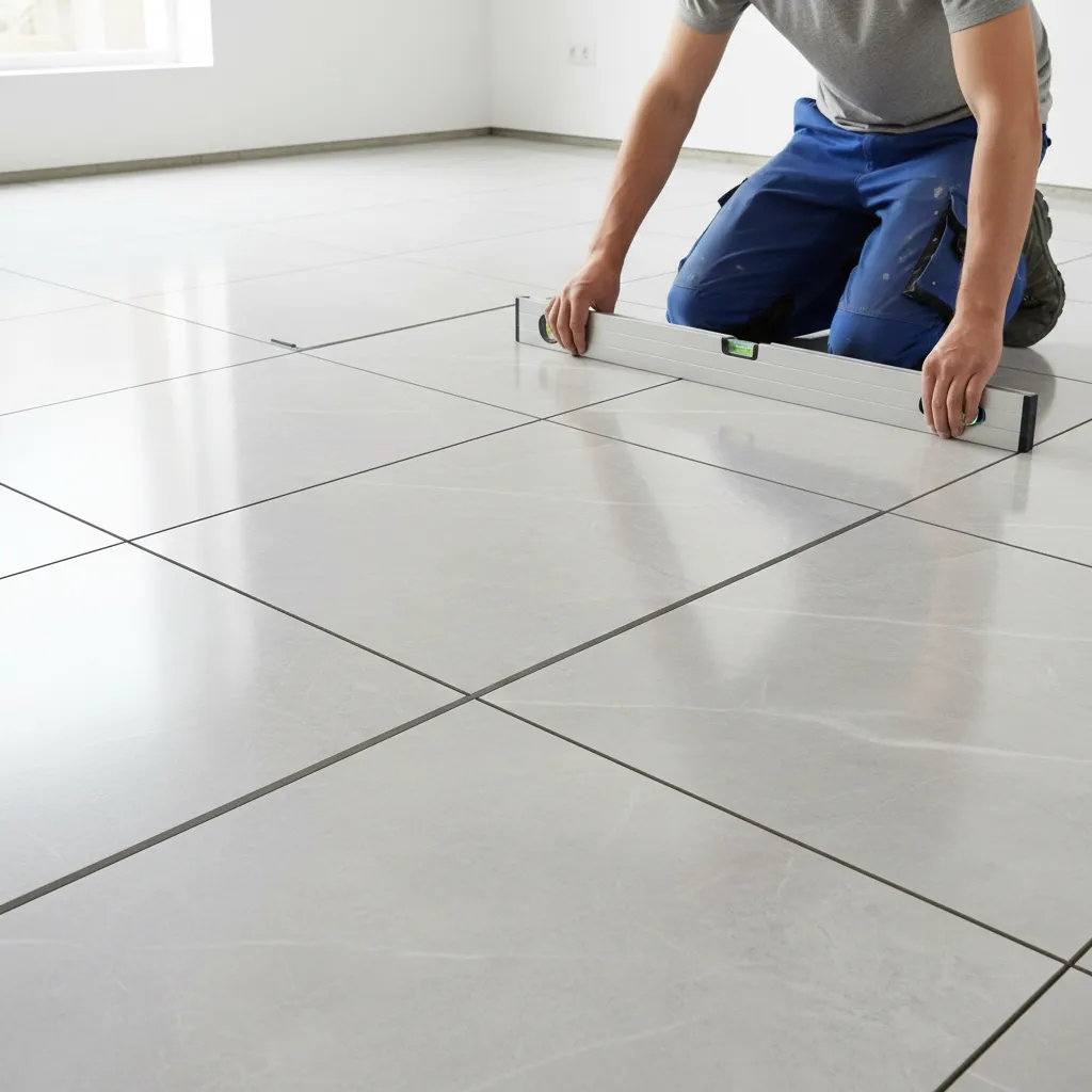 Close-up inspection of newly installed floor tiles for alignment and grout quality