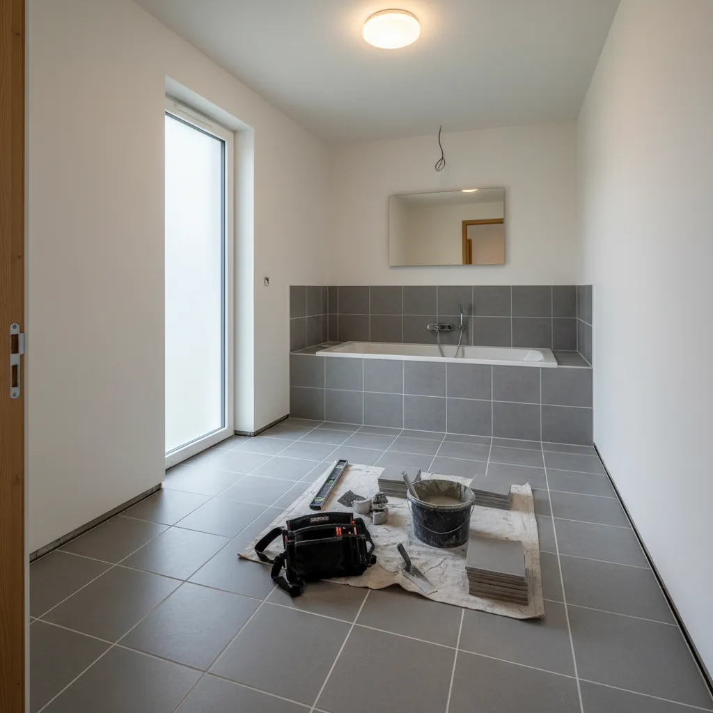 small bathroom tile flooring installation close-up