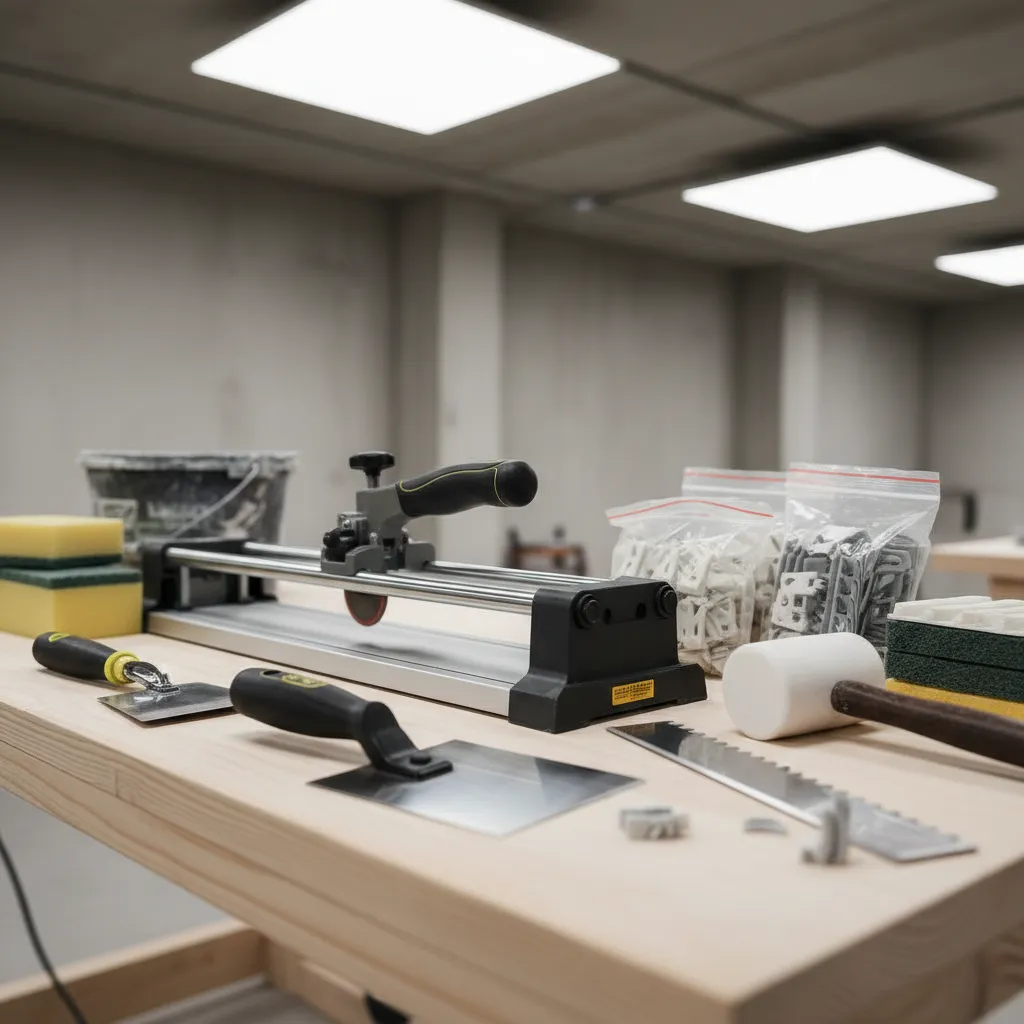 Professional tile installation tools including leveling clips, spacers and trowels on a work surface