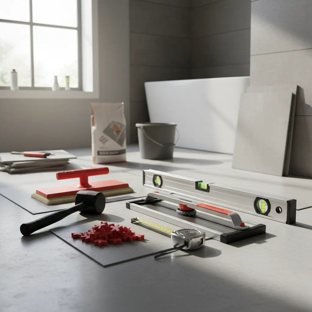 Essential tile installation tools arranged on a clean renovation floor