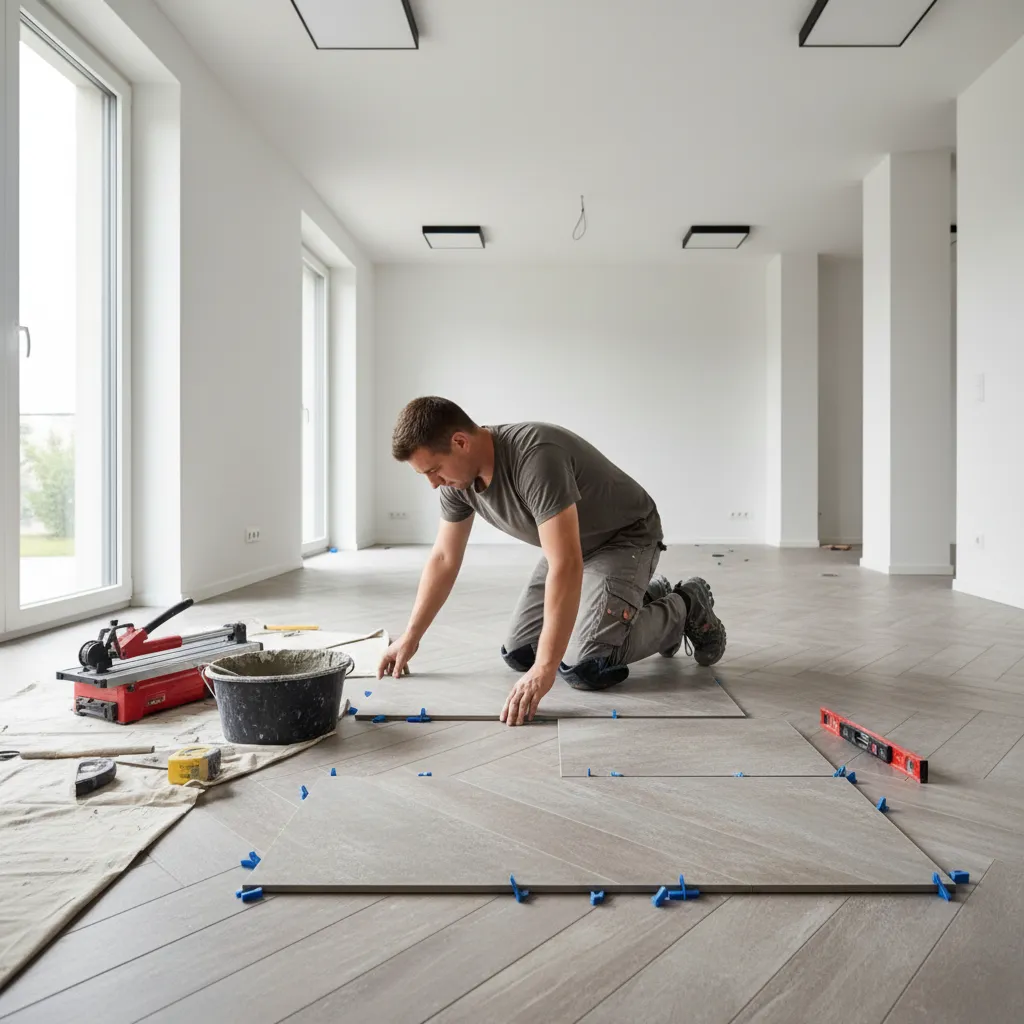 Professional tile installer placing ceramic floor tiles with spacers during installation