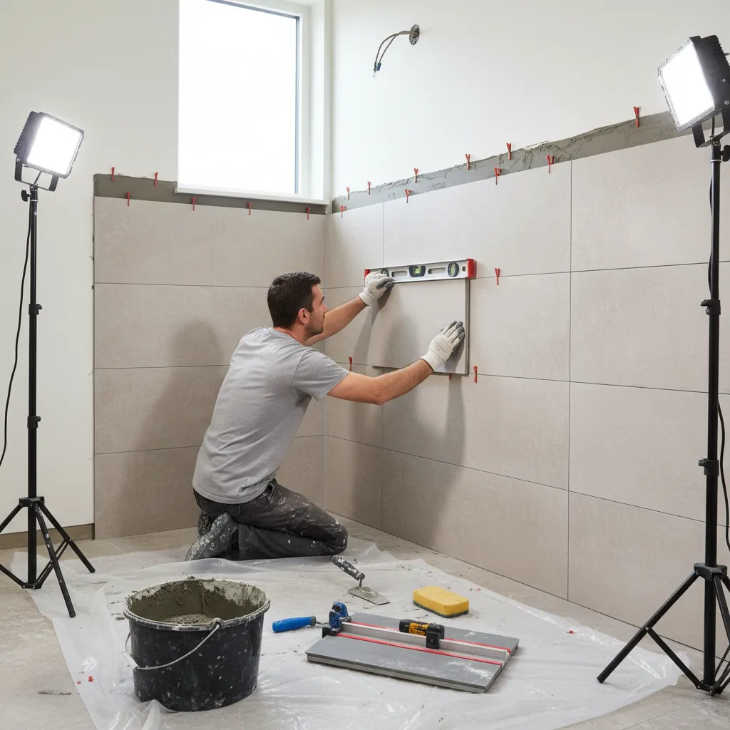 Professional tile installer aligning ceramic wall tiles in a modern bathroom renovation