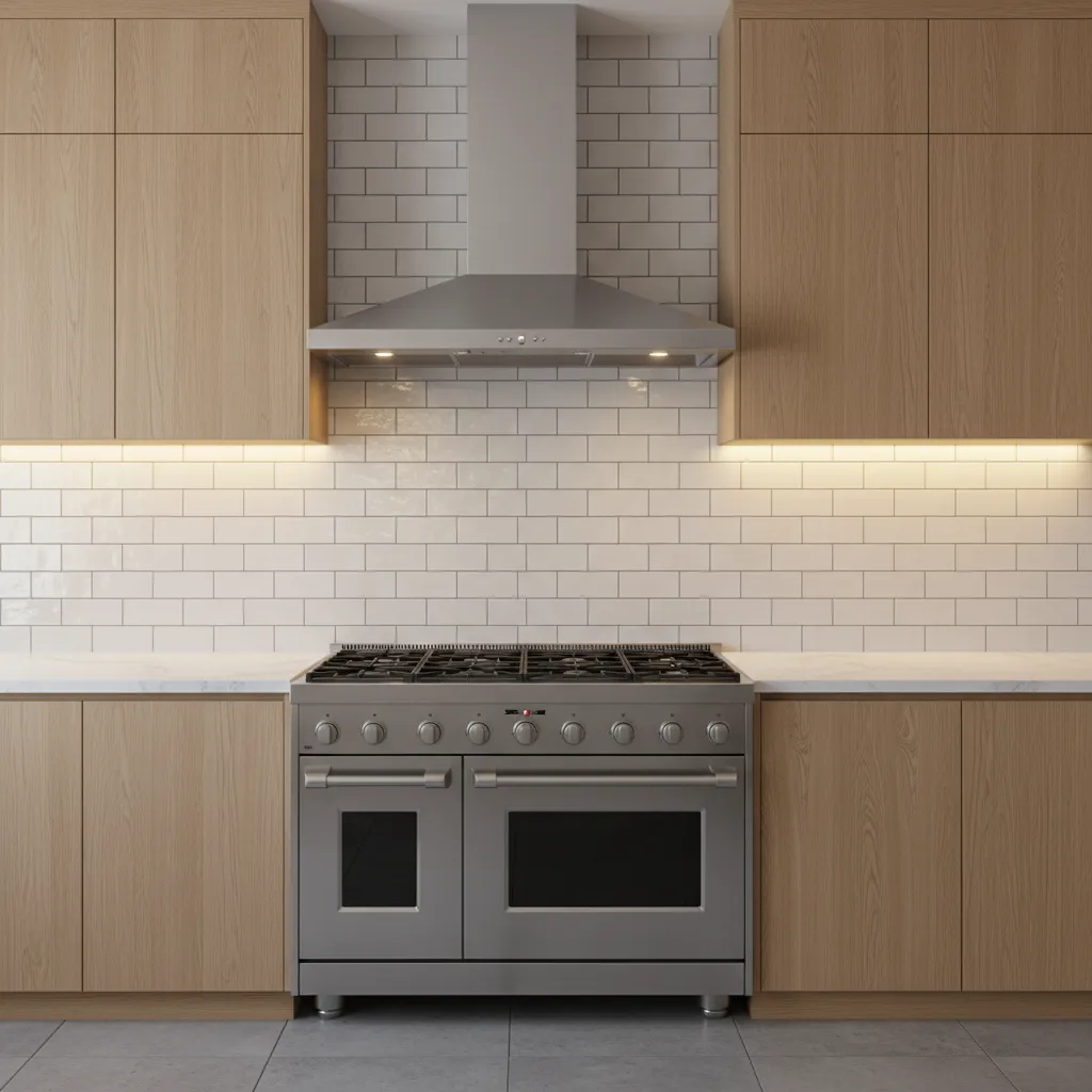 Close view of ceramic tile backsplash behind kitchen stove
