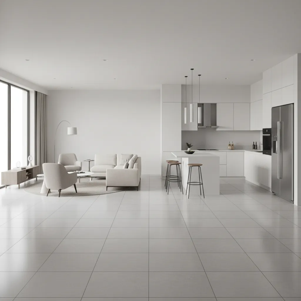 Architectural floor plan showing tile layout across kitchen and living room