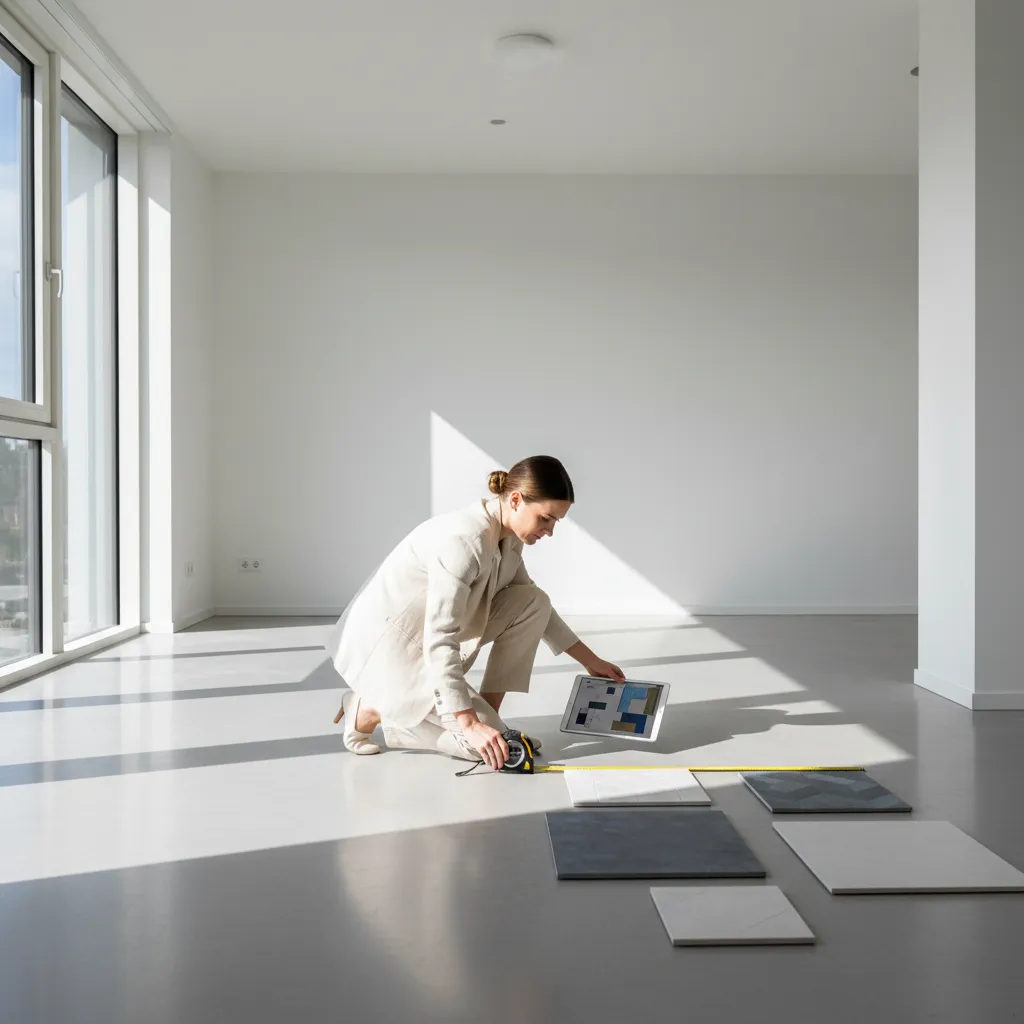 designer measuring room floor and planning tile layout with digital planner