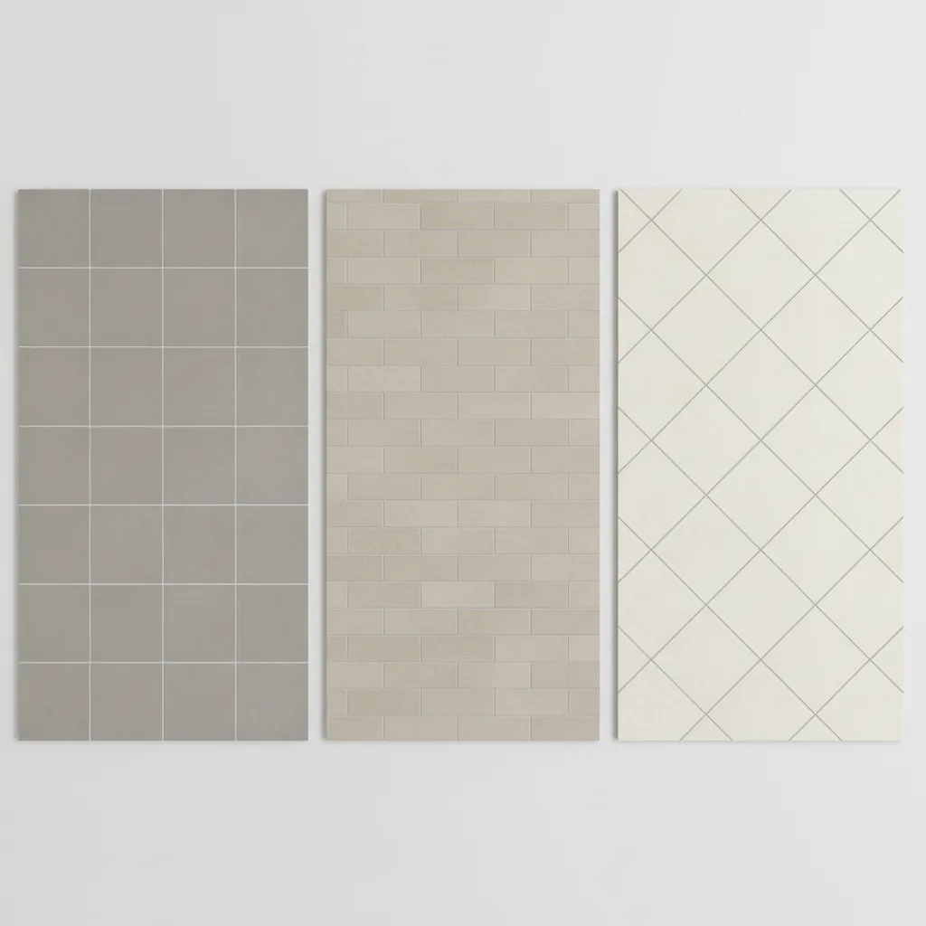 Three tile layout patterns displayed side by side on a floor surface