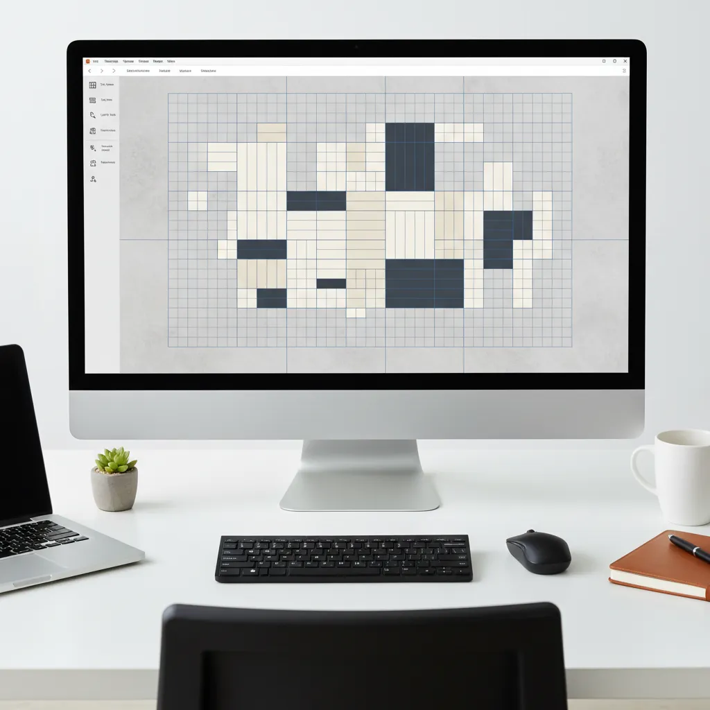 digital tile layout planner interface showing grid floor plan and tile pattern preview