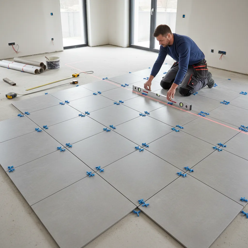 Tile floor layout planning with dry laid tiles and spacing guides before installation
