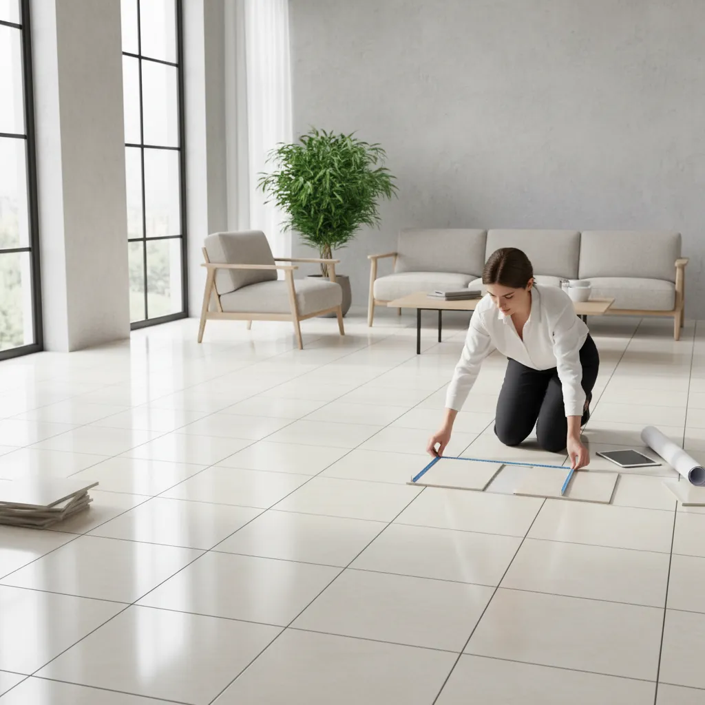 Designer reviewing tile layout pattern on a living room floor with measuring tools