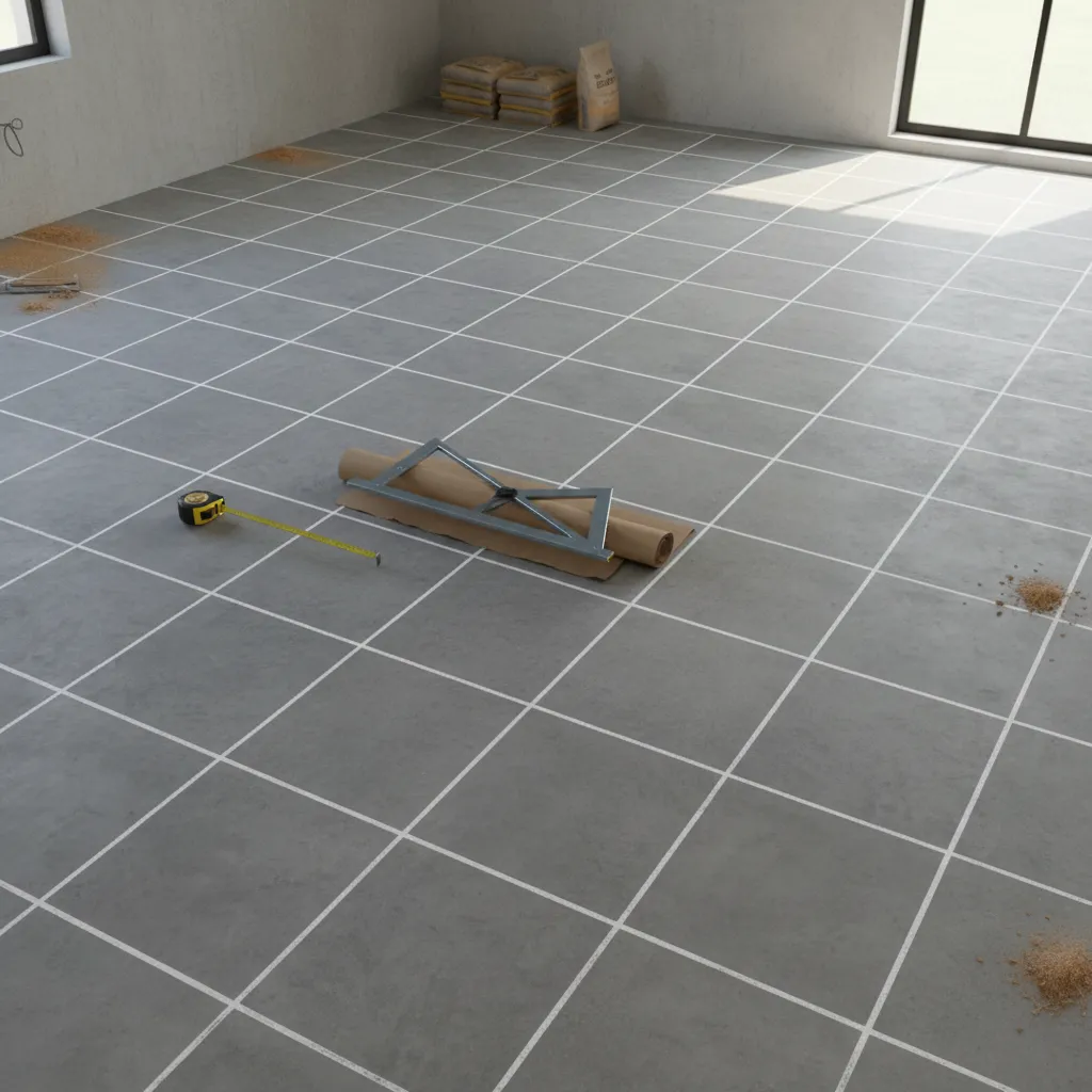 Tile layout grid lines marked on floor before installation