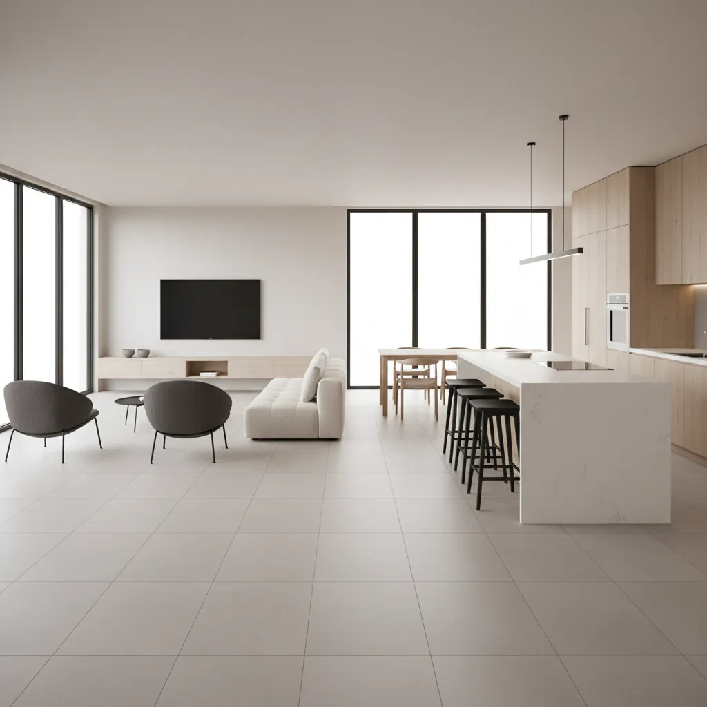 Modern living space showing balanced floor tile layout across connected rooms