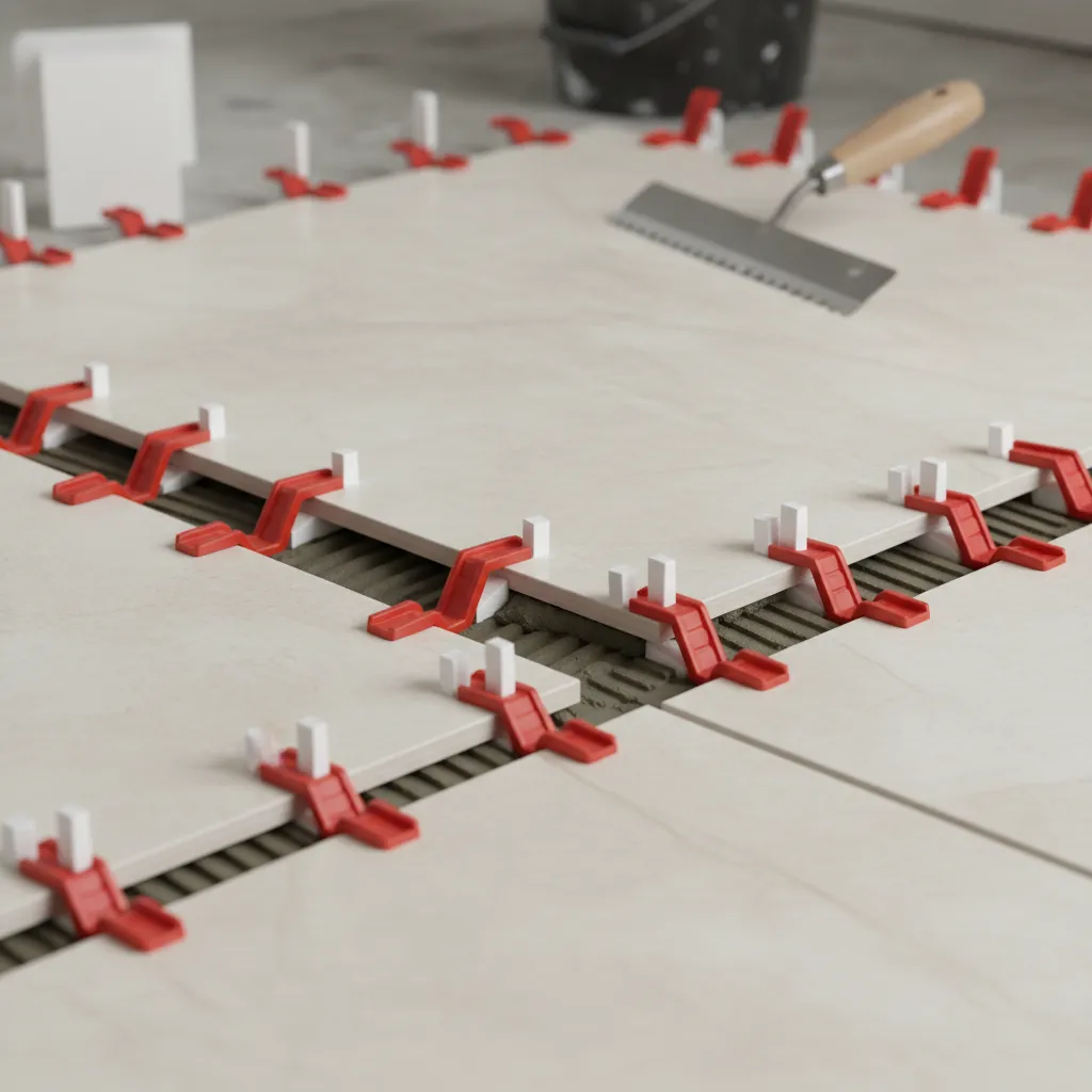 Tile leveling clips used during large format tile installation