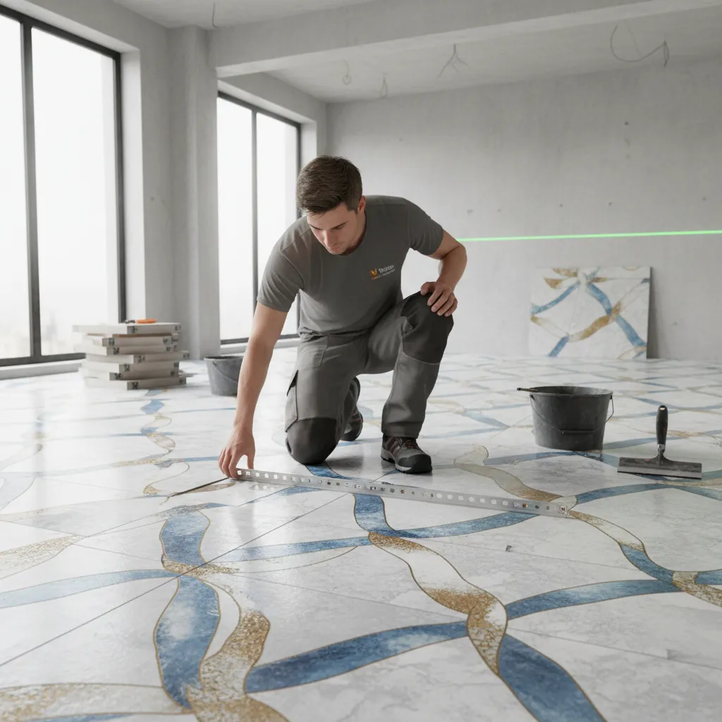 Installer checking tile lippage using straightedge across ribbon tile floor
