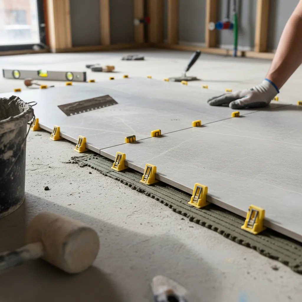 tile leveling clips used to prevent lippage on large bathroom tiles