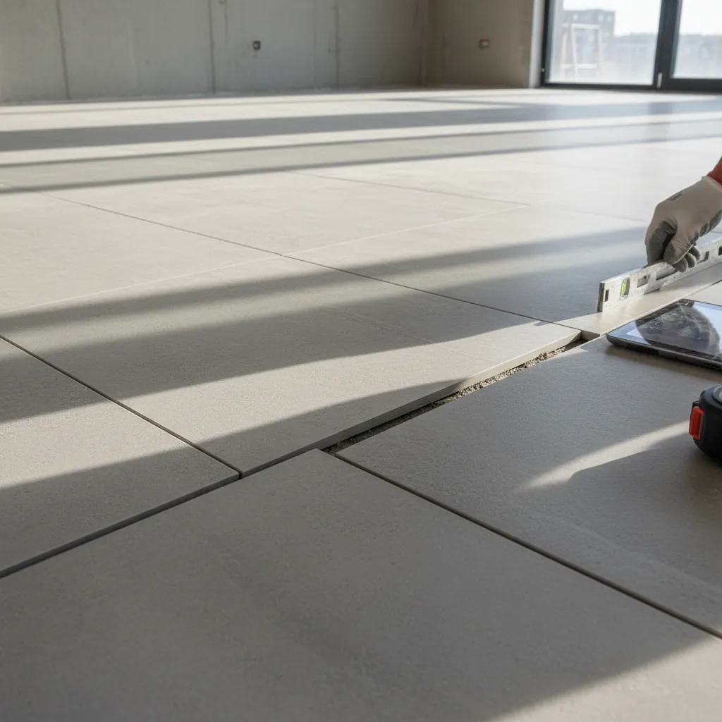 Close up showing lippage problem between two large floor tiles