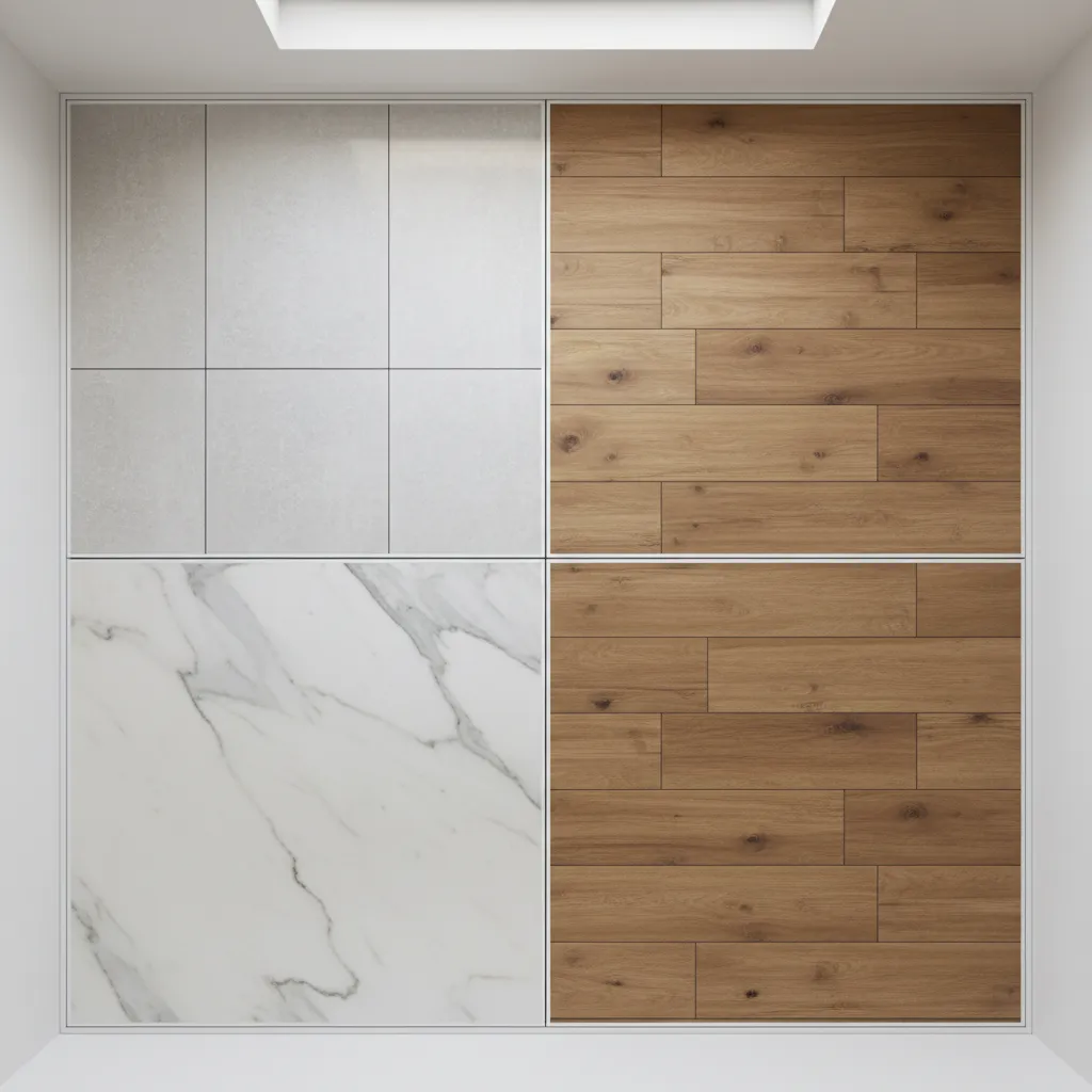 Comparison of ceramic tile, marble, and vinyl flooring textures