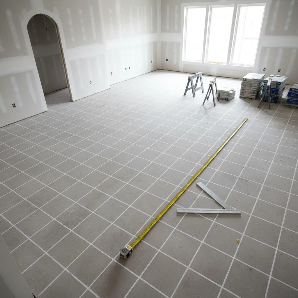 floor with chalk layout lines and measuring tape used for tile planning