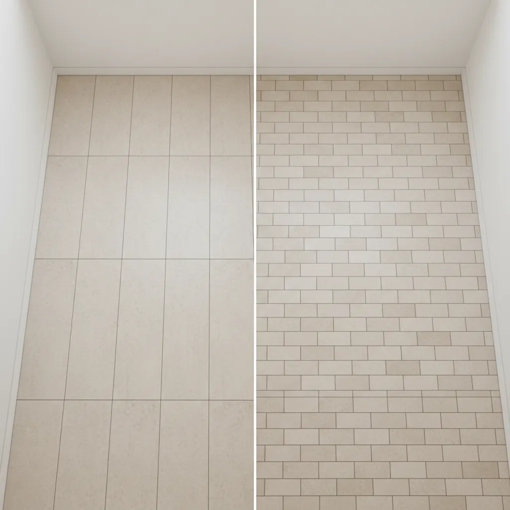 comparison of straight grid tile layout and staggered brick pattern floor design