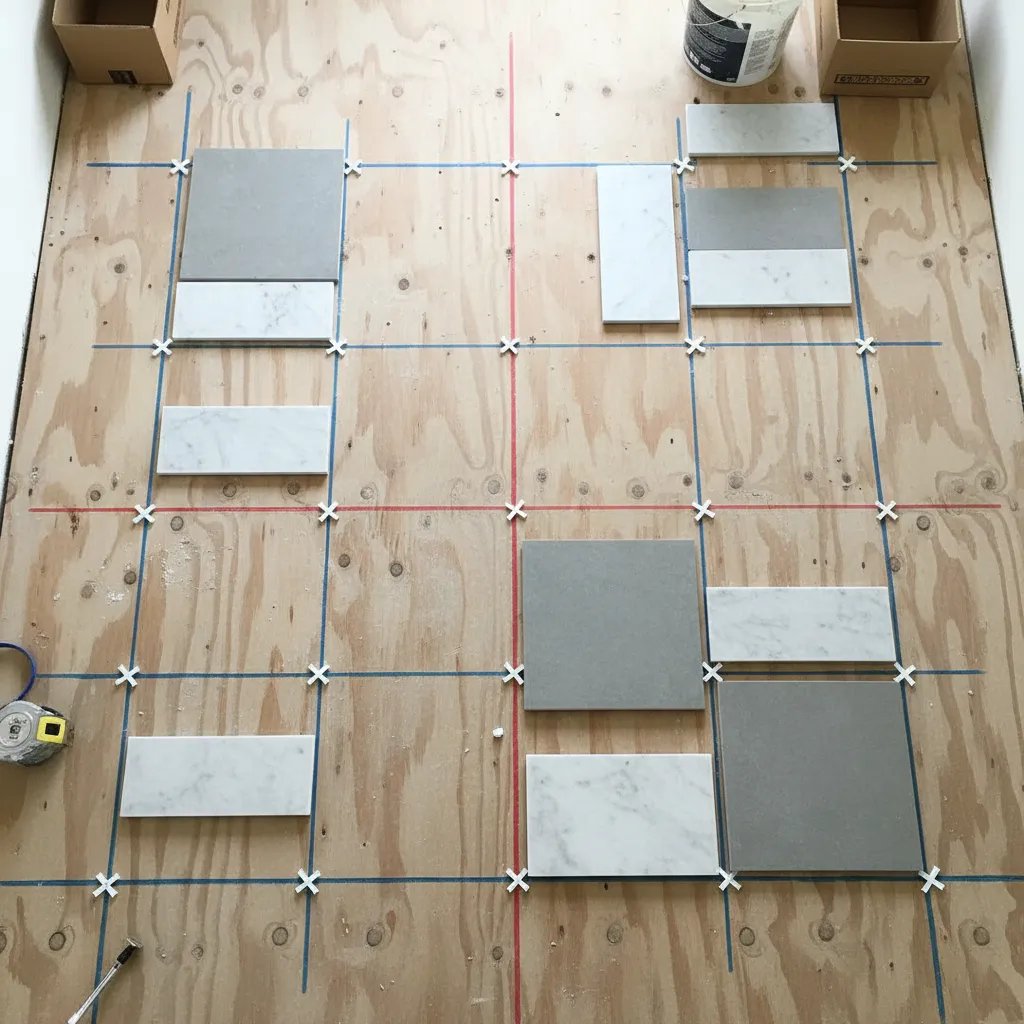 Perpendicular chalk reference lines on subfloor for tile grid alignment