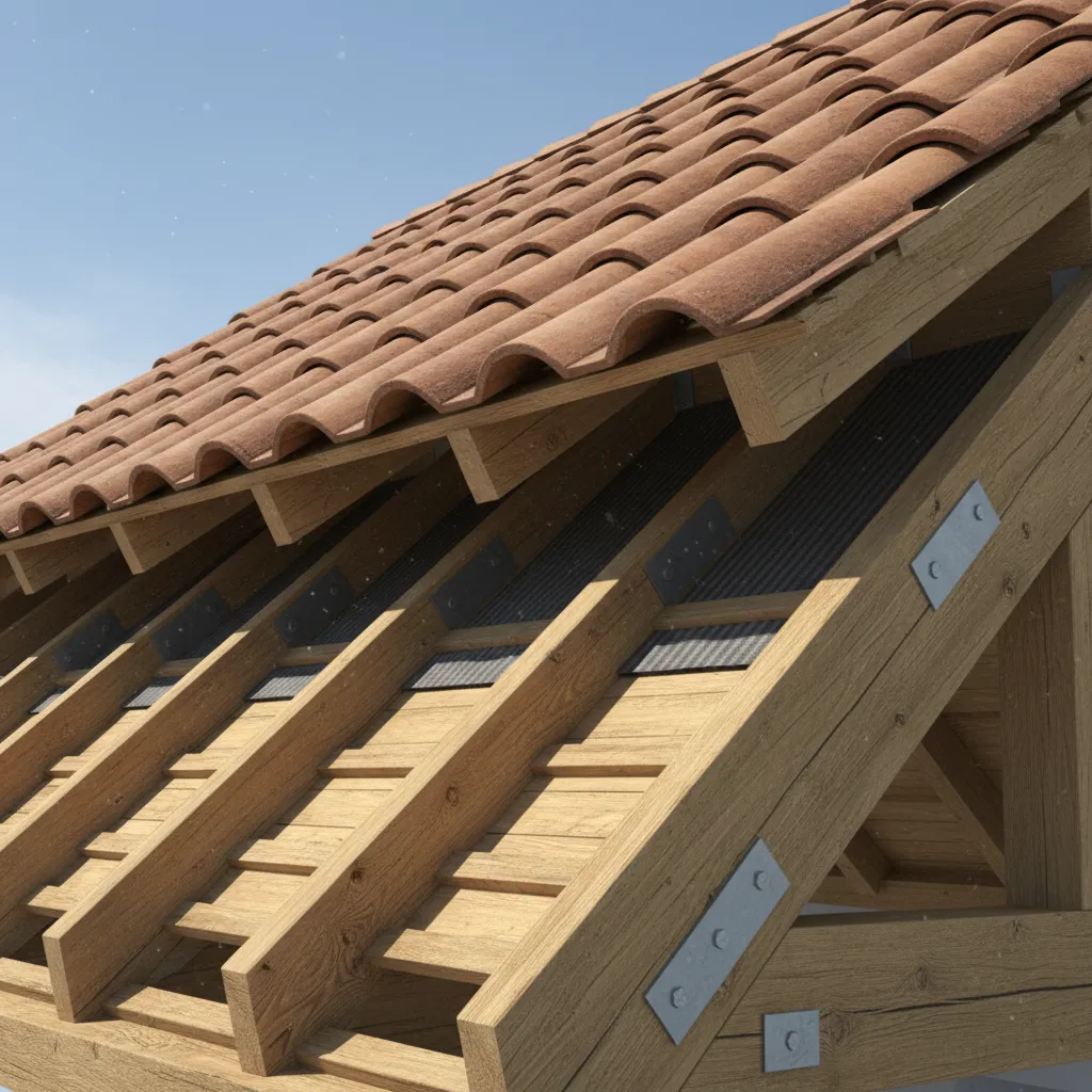 Detalle de estructura de techo de tejas con ventilación