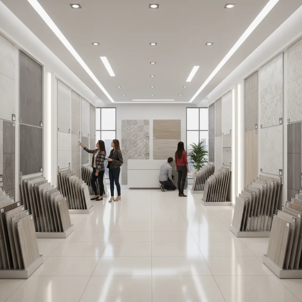 Tile showroom displaying different vitrified tile series for selection