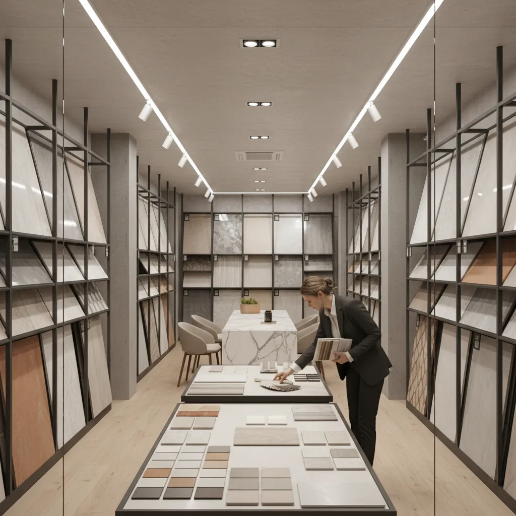 Customer comparing vitrified tiles in a showroom display wall