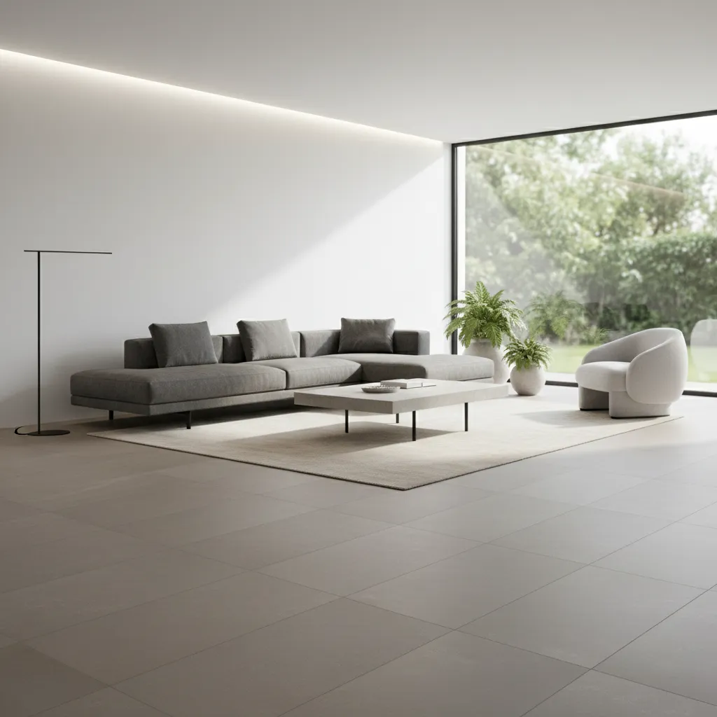 Modern living room with grey floor tiles grey sofa coffee table and window showing trees