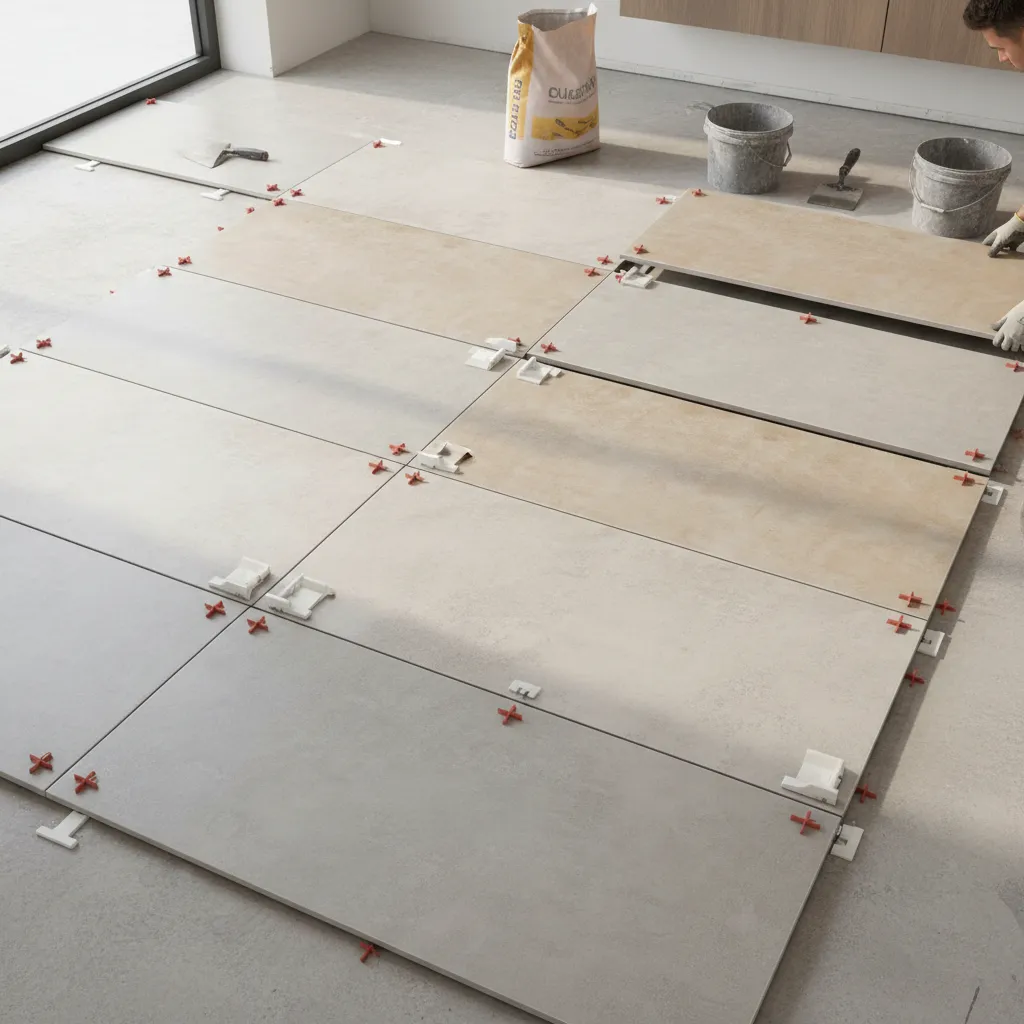 Tile spacers and leveling clips installed between large porcelain floor tiles