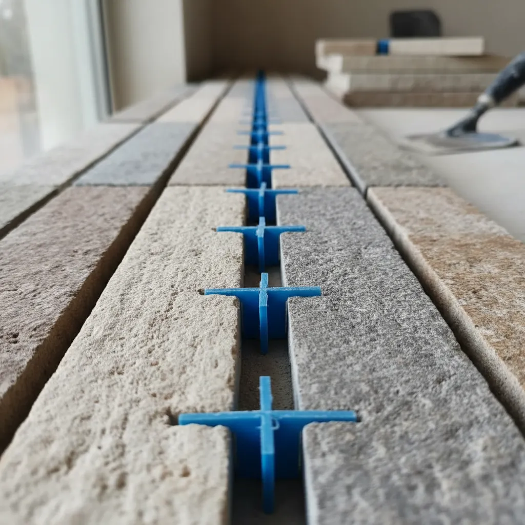 Close-up of tile spacers maintaining even spacing in decorative ribbon tile pattern