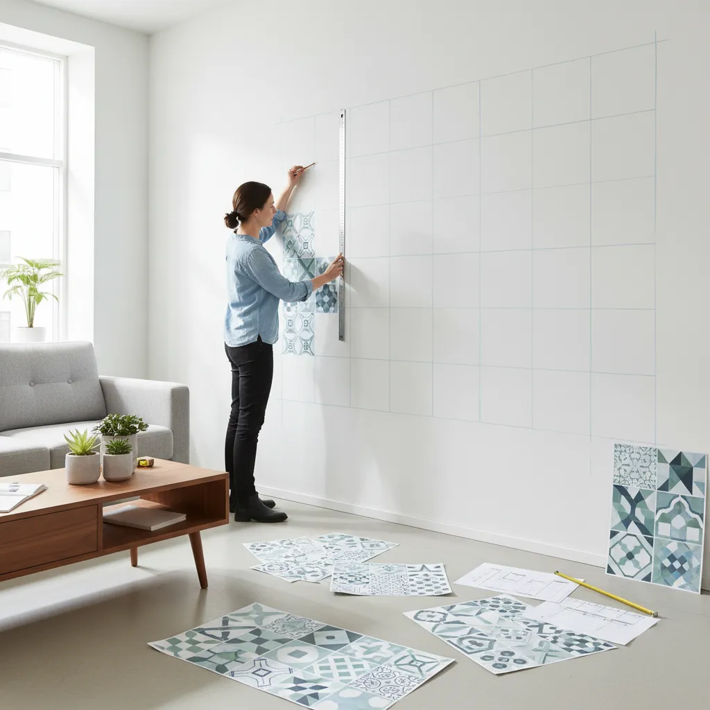 planning tile sticker layout on living room wall before installation