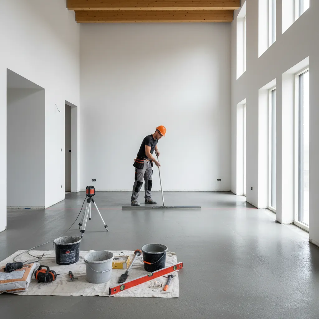Contractor leveling subfloor before installing floor tiles