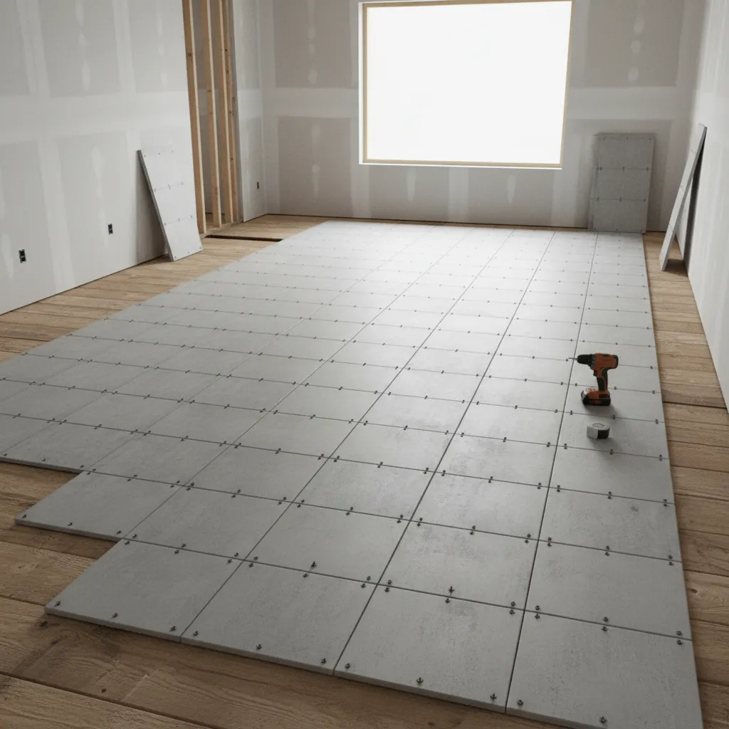 Cement backer board installed over wooden subfloor before tile installation