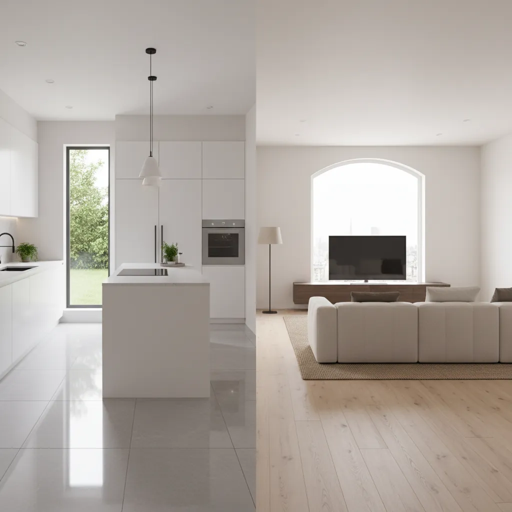 Side by side comparison of tile flooring and luxury vinyl plank flooring in modern interiors