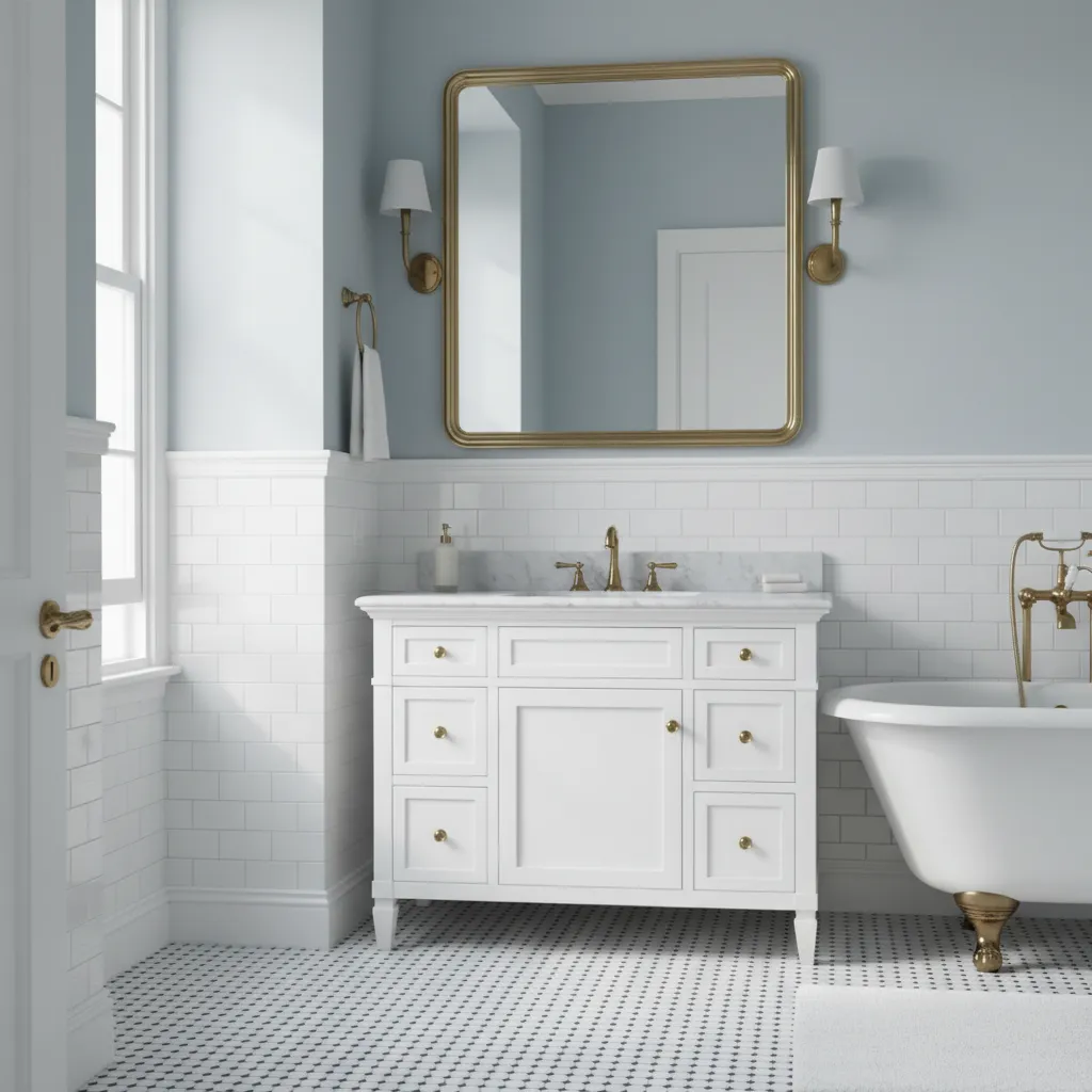 Bathroom tile wainscoting capped with chair rail molding
