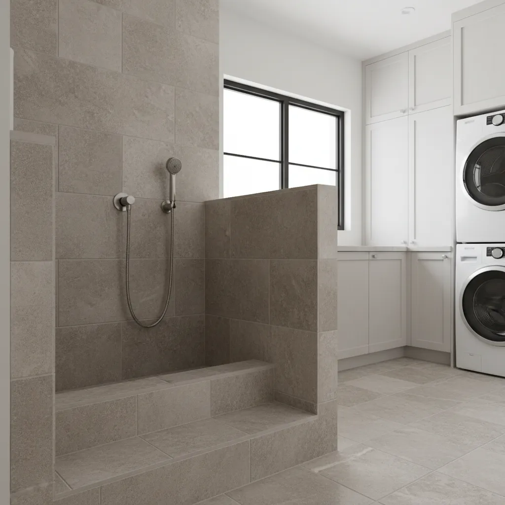 Grey tiled dog shower area in a modern laundry room with stacked washer and dryer