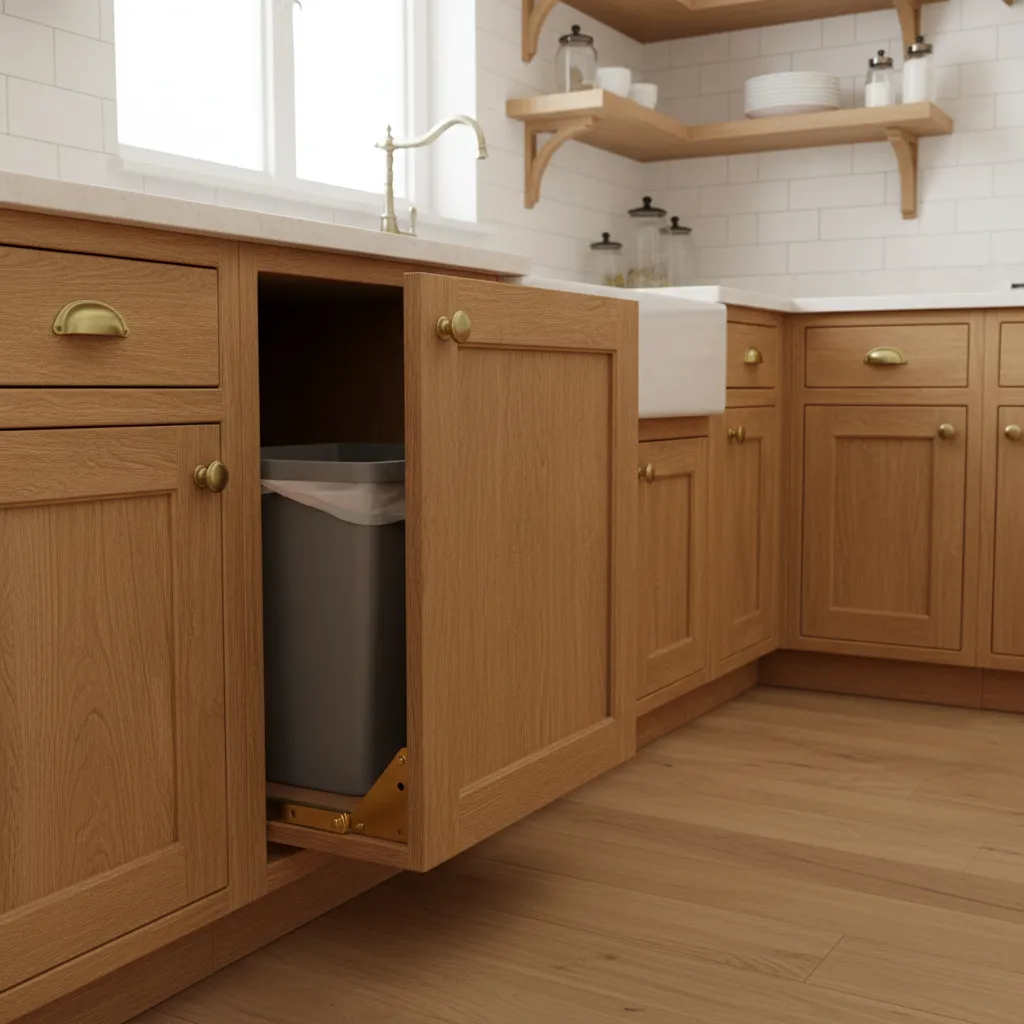 Kitchen island tilt out trash cabinet with hinged door and bin