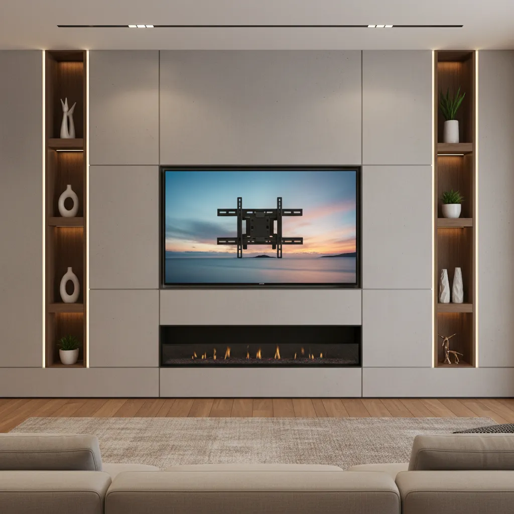 Television above fireplace using tilting or pull down mount for better viewing angle