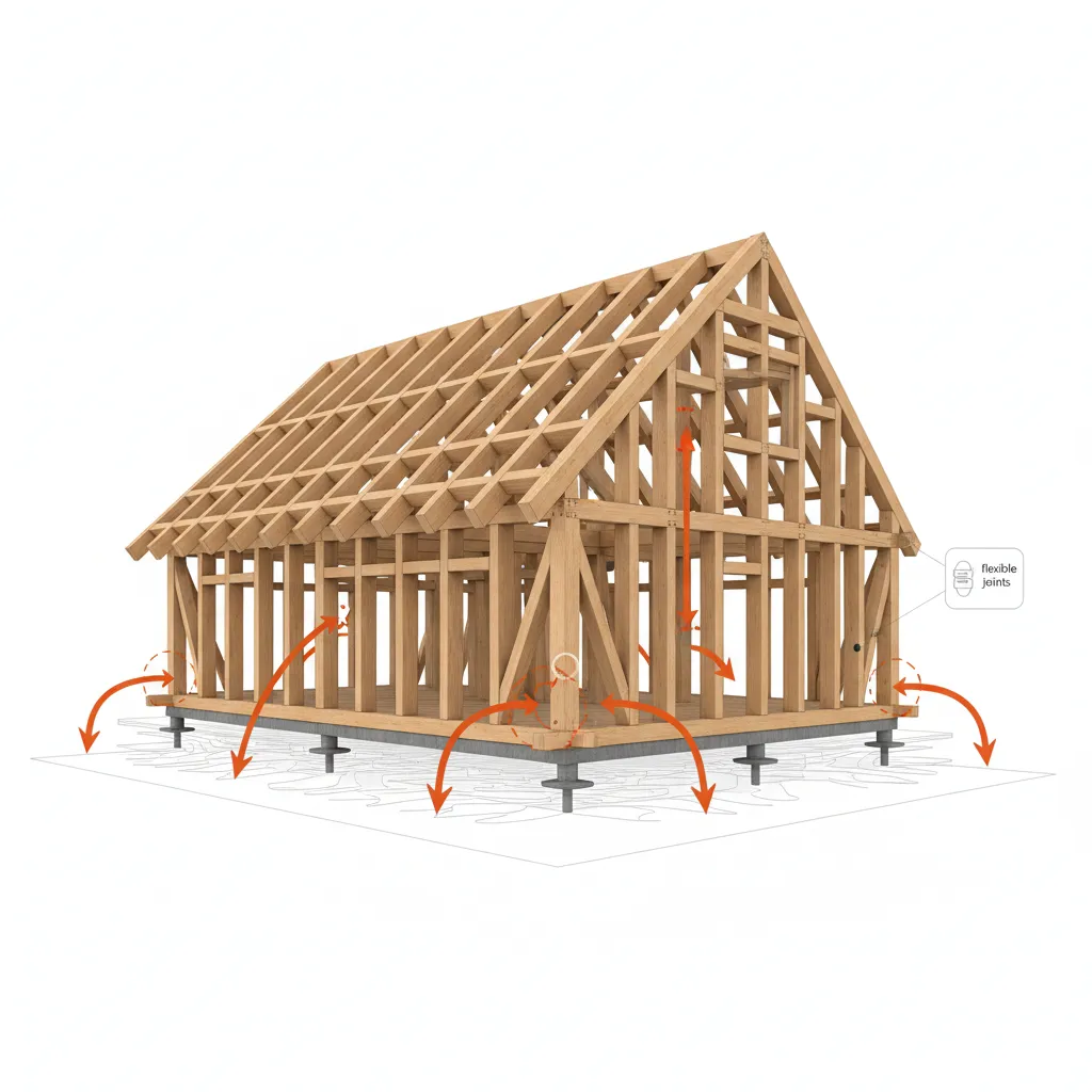 Diagram style visualization of timber frame house flexibility during earthquake