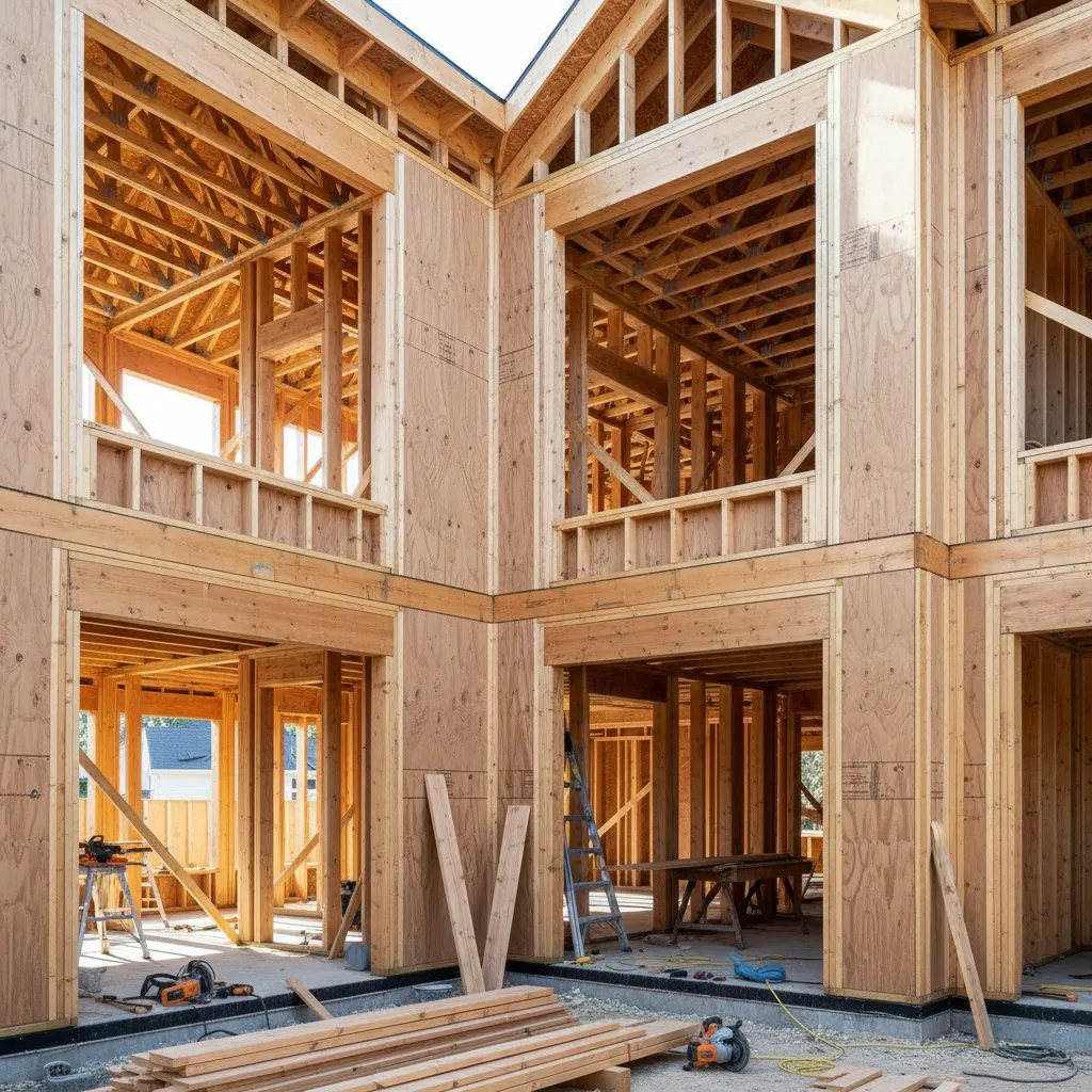 timber frame house structure with wooden studs and sheathing