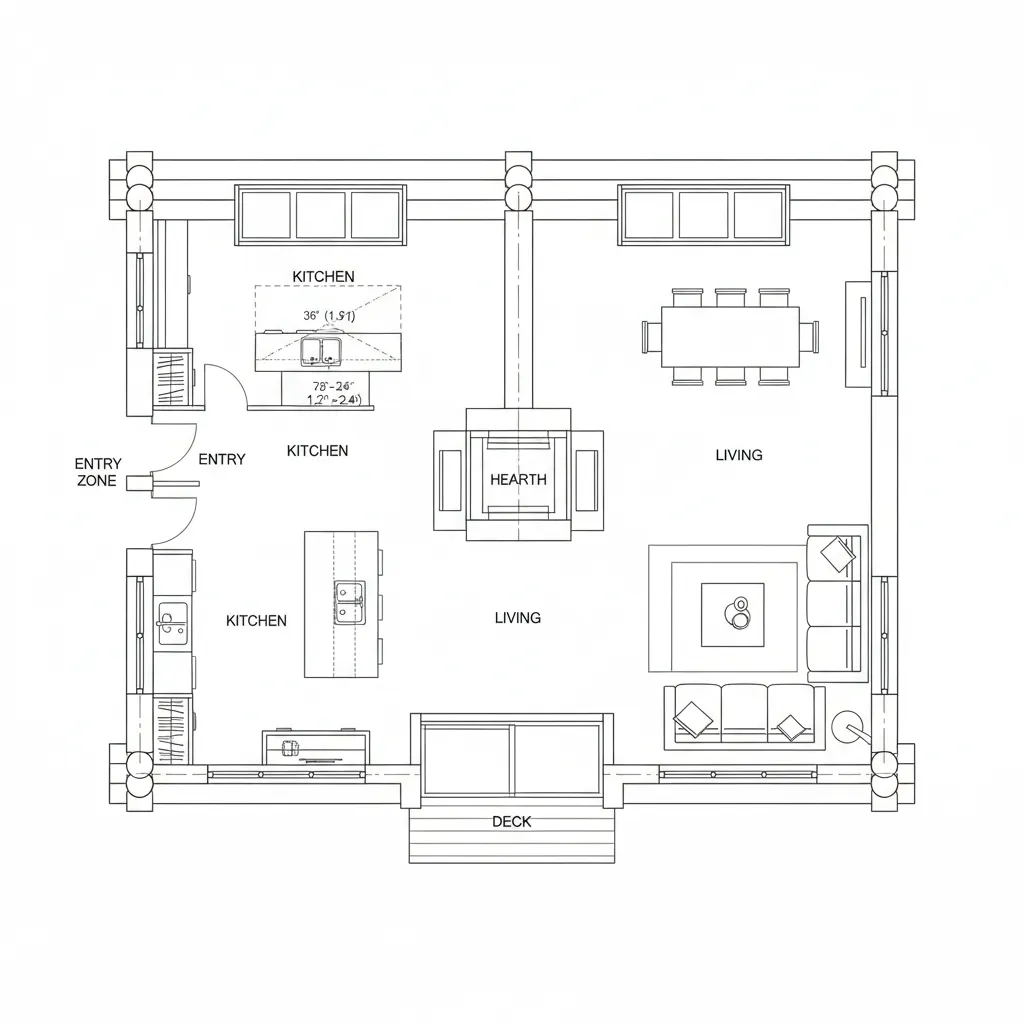 Top-down CAD plan showing open hearth living with kitchen island and deck