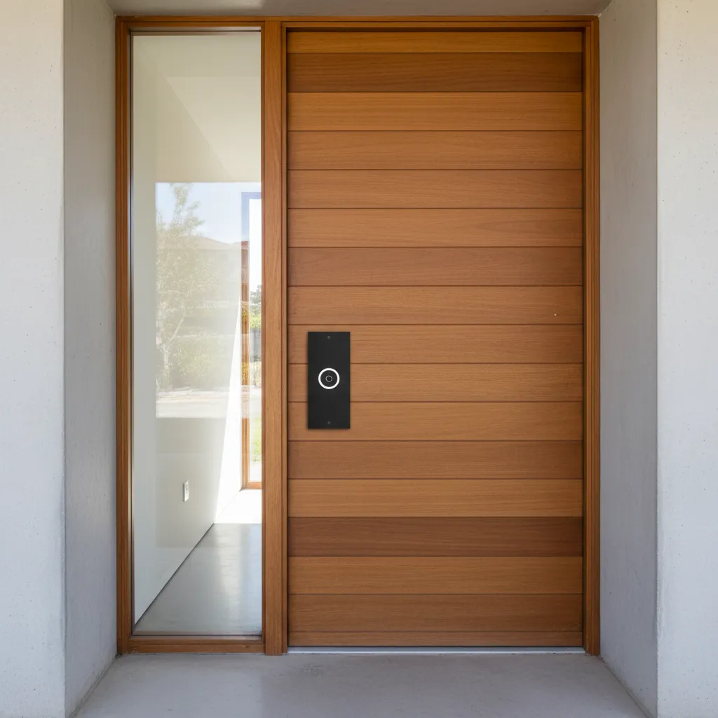 Timbre minimalista negro instalado junto a una puerta moderna