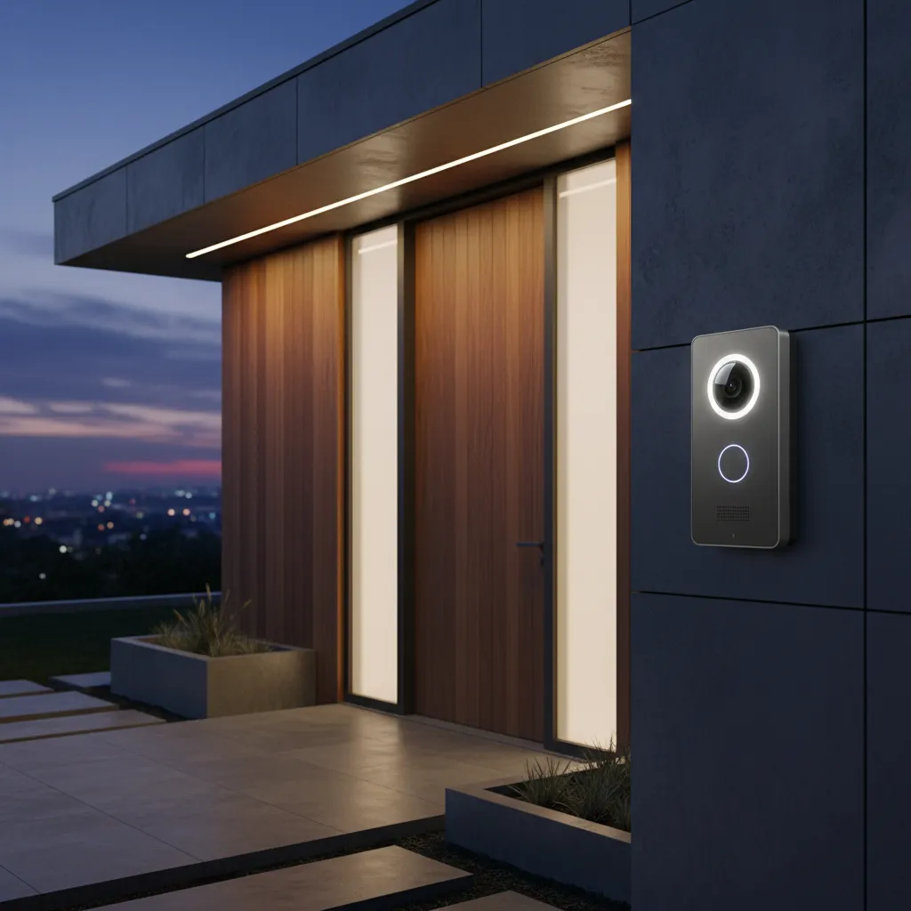 Timbre inteligente con cámara instalado en una entrada moderna